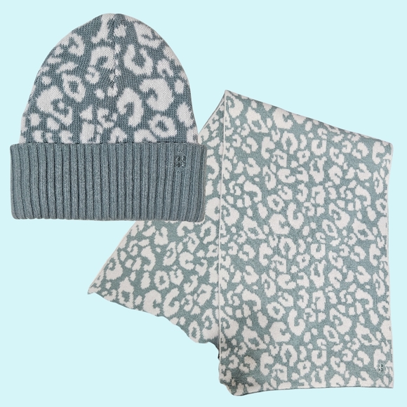 BUNDLE Sweaty Betty Beanie Hat Scarf Set Blue Leopard Print...